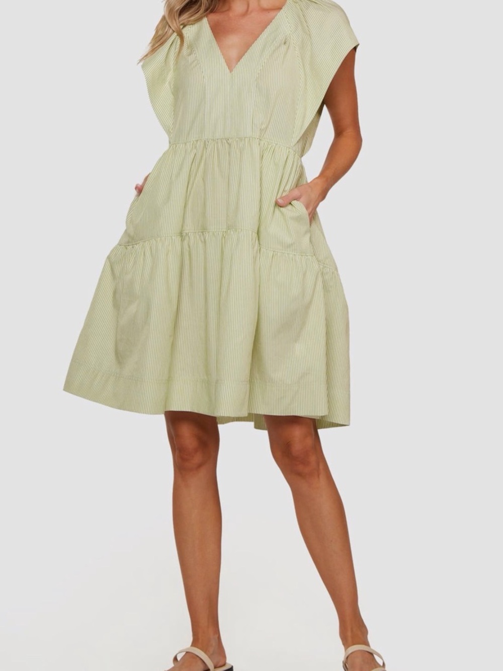 matty m Keely Short Sleeve 100% Cotton Tiered Dress - Green Striped - XL